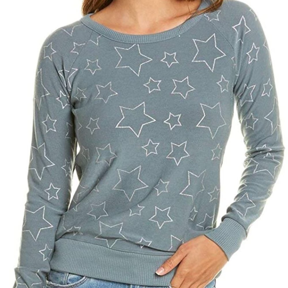 Chaser Cozy Knit Raglan Pullover Star Print Top Succulent Silver